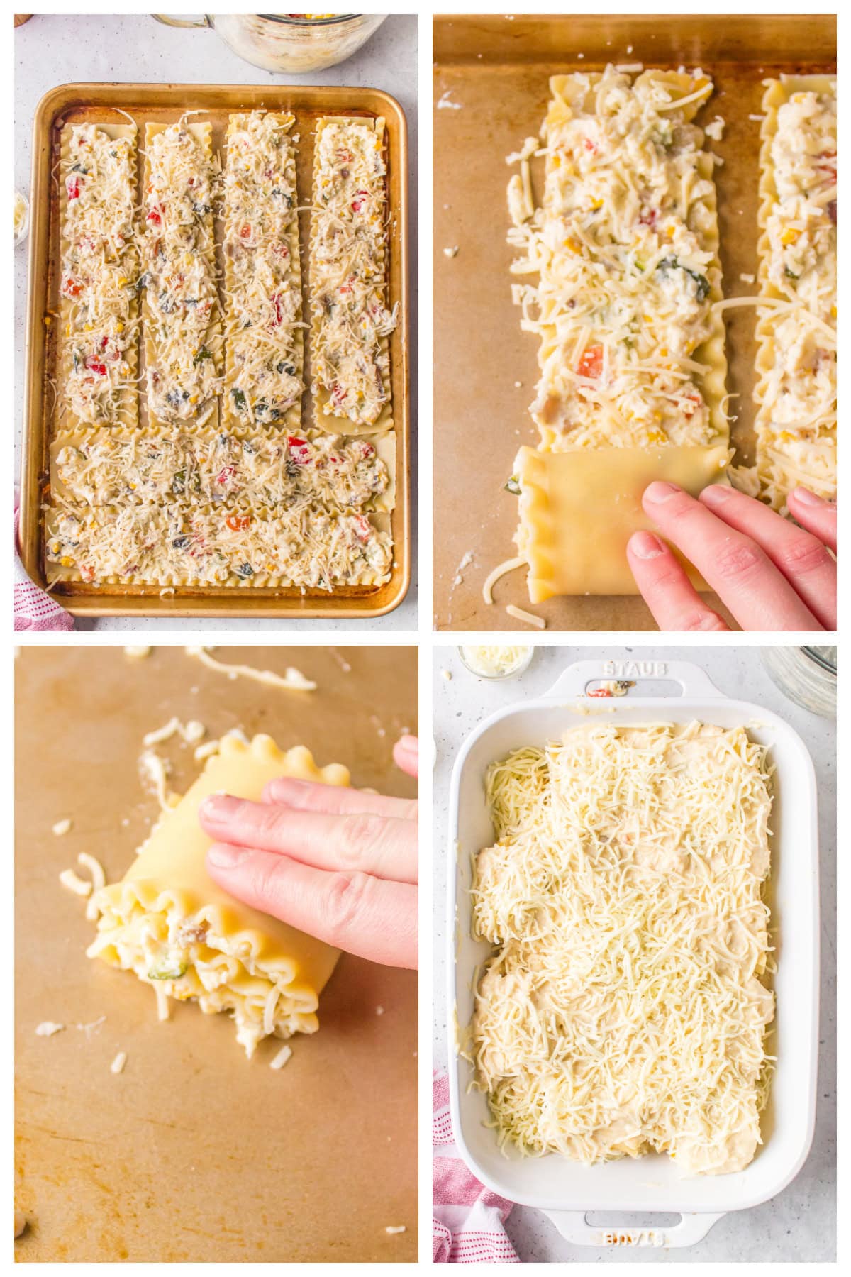 four photos showing how to make roasted vegetable lasagna roll ups