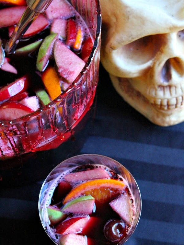 halloween sangria in punch bowl and glass