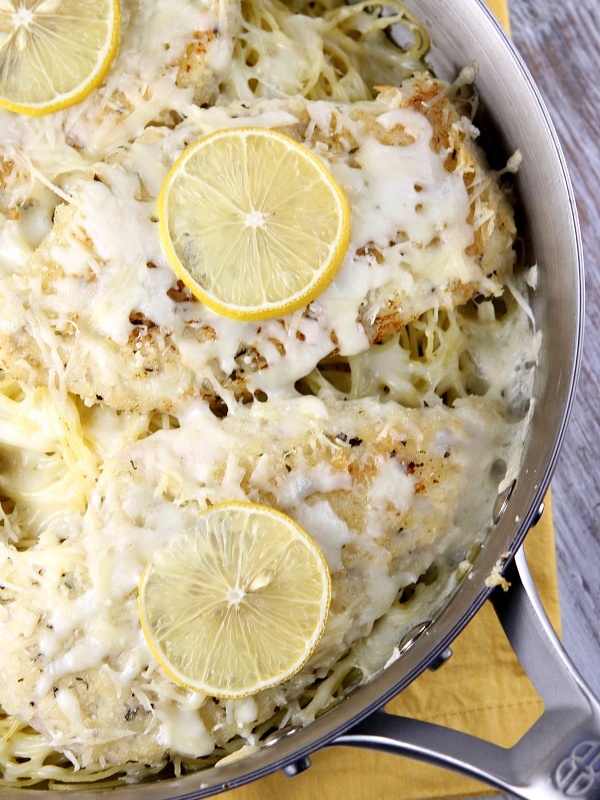 lemon chicken parmesan in skillet