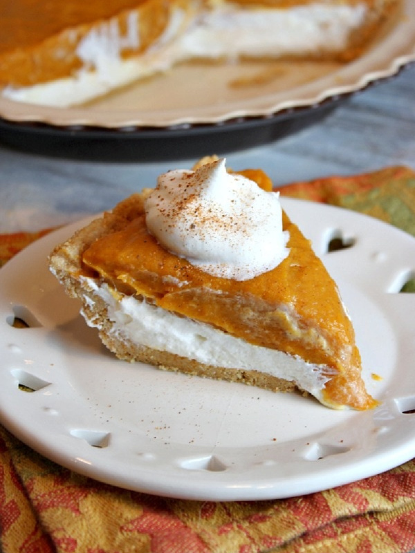 slice of pumpkin pie on a white plate