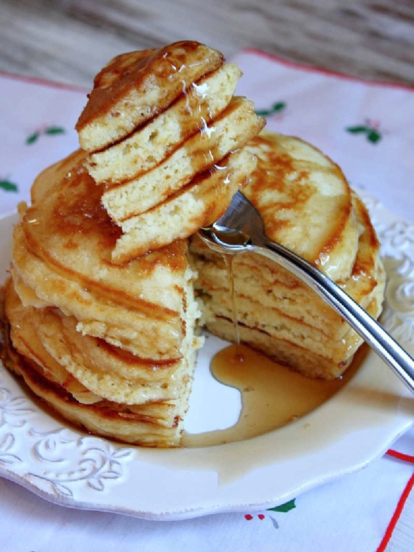 fork full of eggnog pancakes