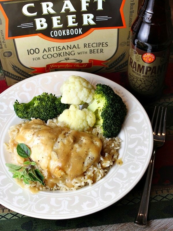 honey mustard pale ale chicken on a plate with rice and veggie