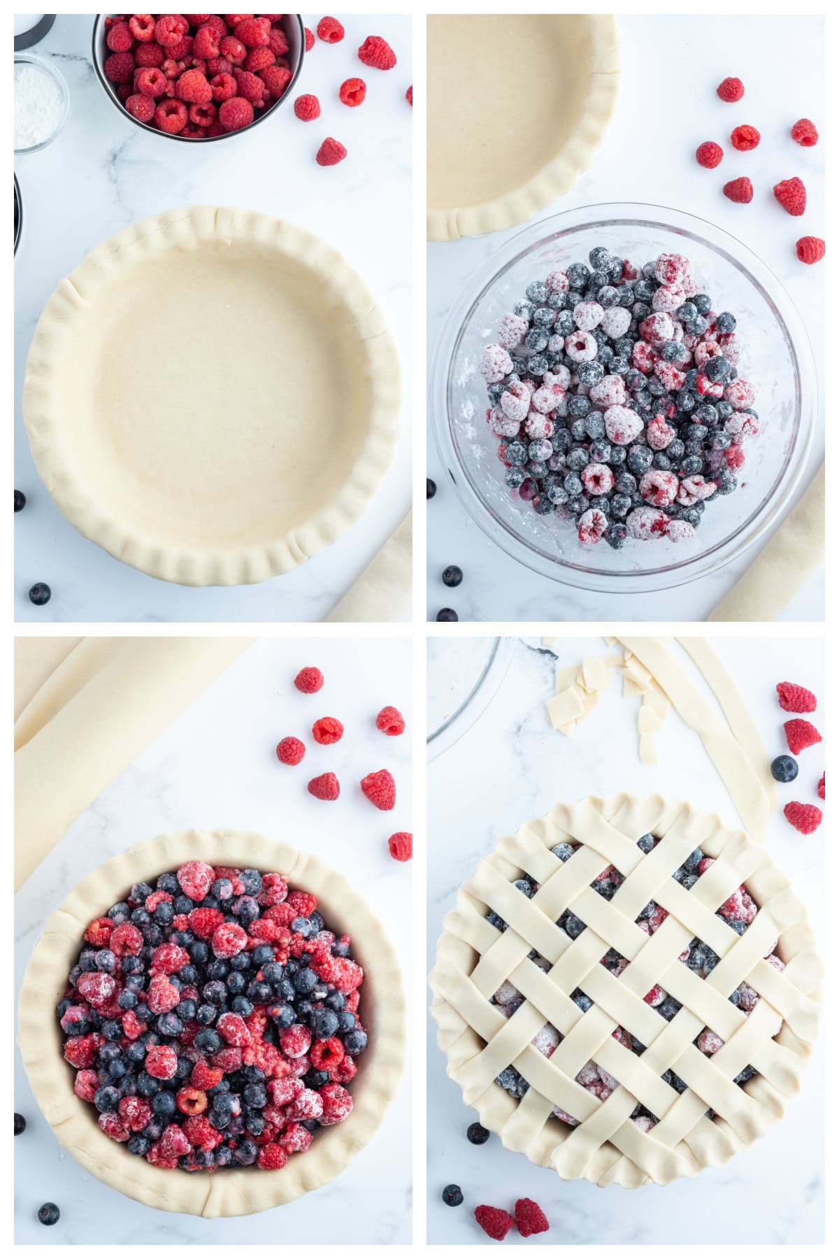 four photos showing how to make raspberry blueberry pie