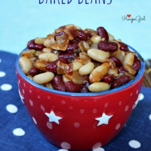 sweet and spicy baked beans with a red, white and blue background