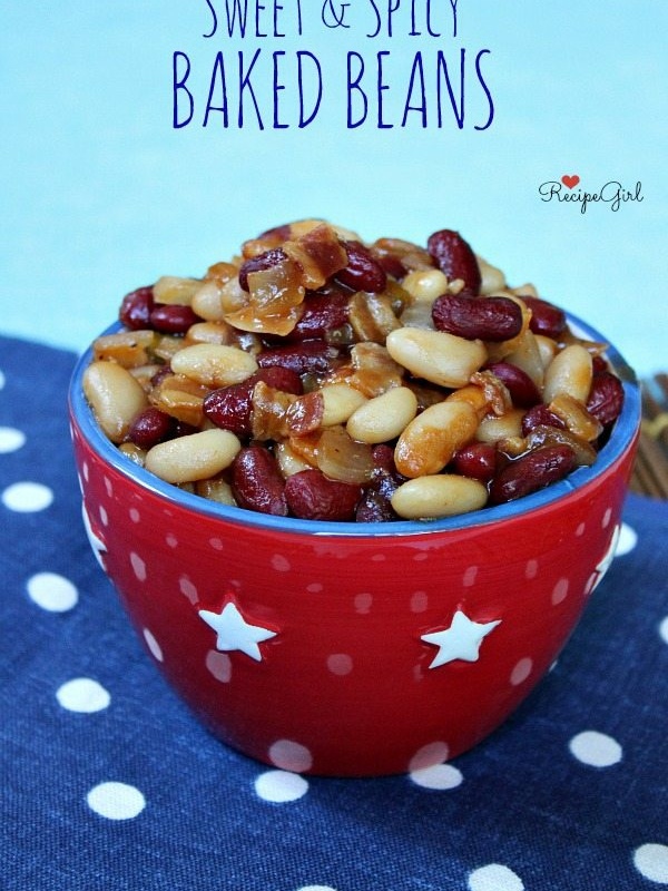 sweet and spicy baked beans with a red, white and blue background