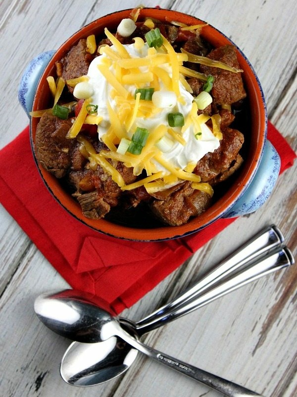 overhead shot of steak and beer chili