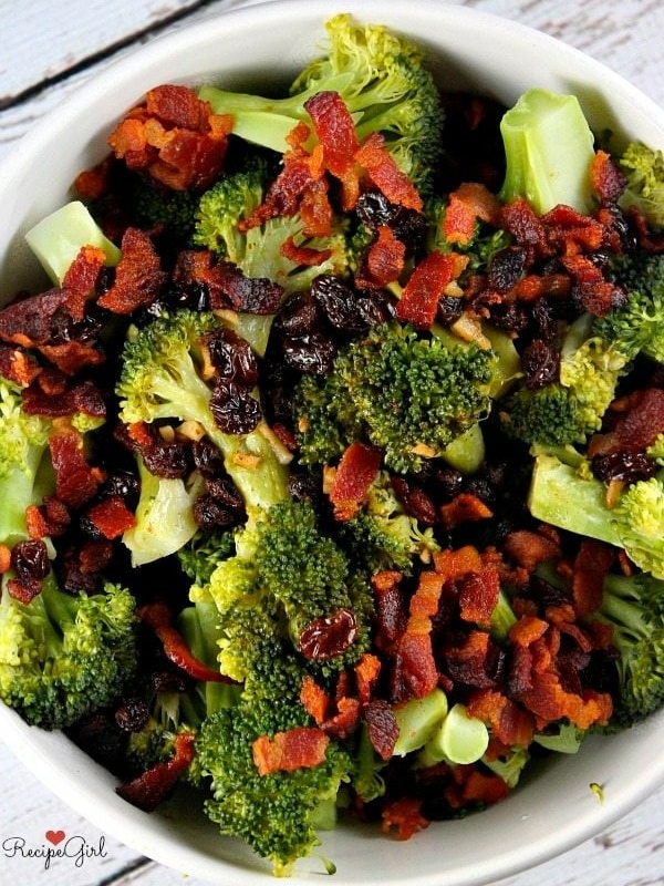 bowl of broccoli with hot bacon dressing