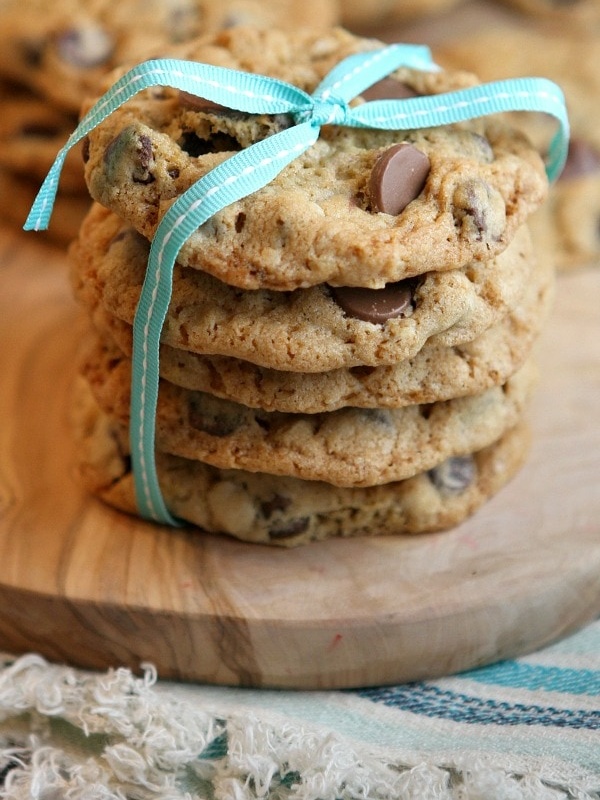 oatmeal chocolate chip cookies stacked with ribbon around them