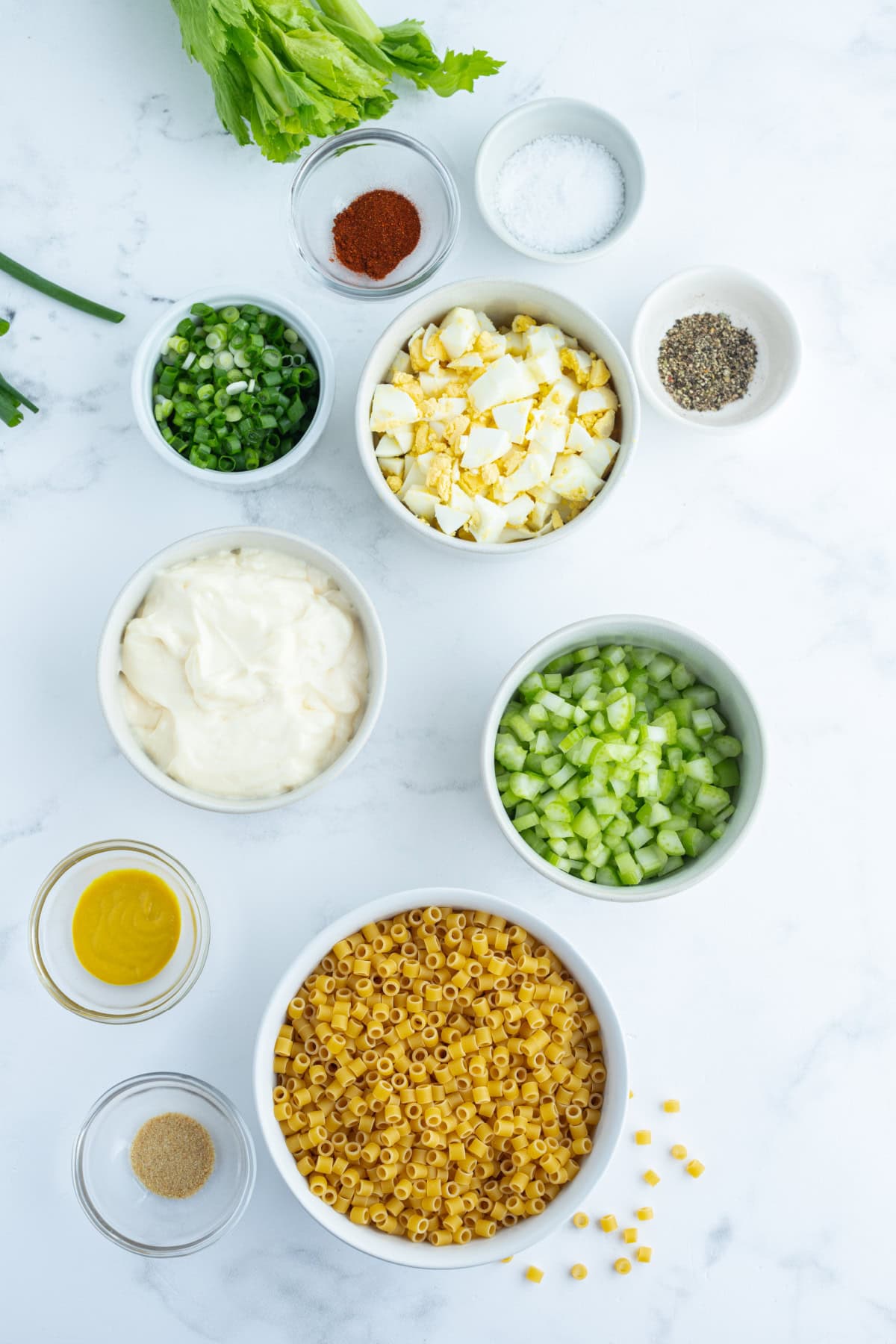 ingredients displayed for making old fashioned macaroni salad