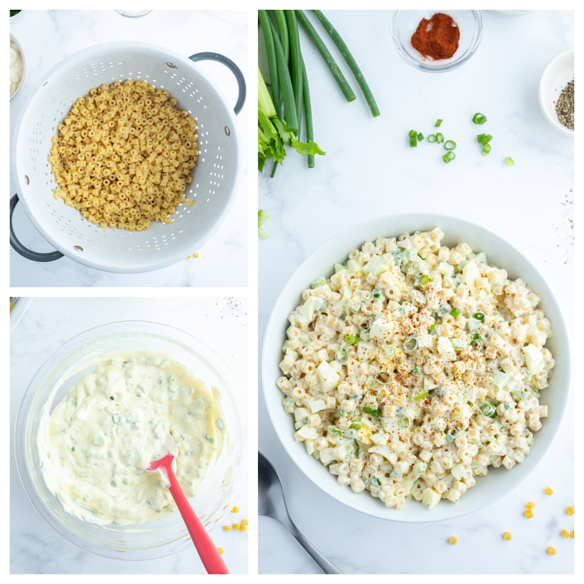 three photos showing how to make old fashioned macaroni salad