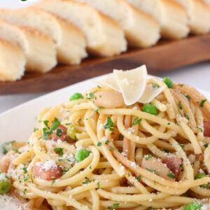 pinterest image for ham and bean skillet spaghetti