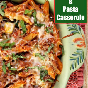 pinterest image for cheesy beef and pasta casserole