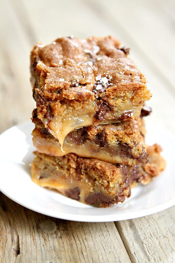 stack of salted caramel chocolate chip cookie bars