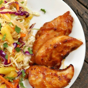 Thai Chicken Tenders with Broiled Pineapple Slaw