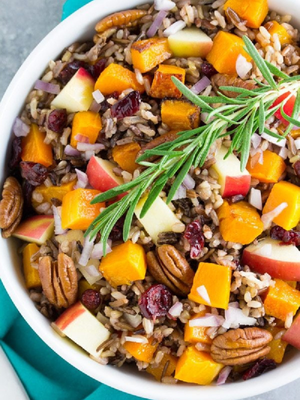 bowl of roasted butternut squash and wild rice salad