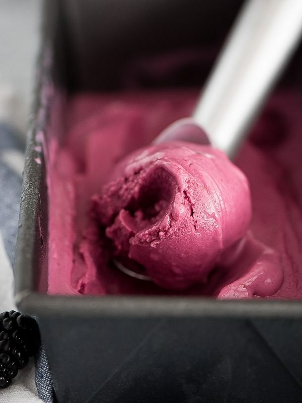 blackberry frozen yogurt being scooped out of a metal ice cream container