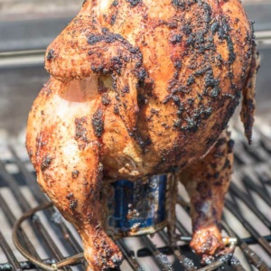 beer can chicken grilled sitting on a grill rack