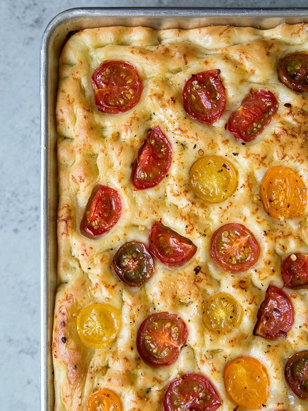 Tomato Focaccia Bread in a sheet pan