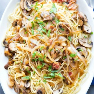 Spaghetti with Caramelized Onions, Mushrooms and Pancetta