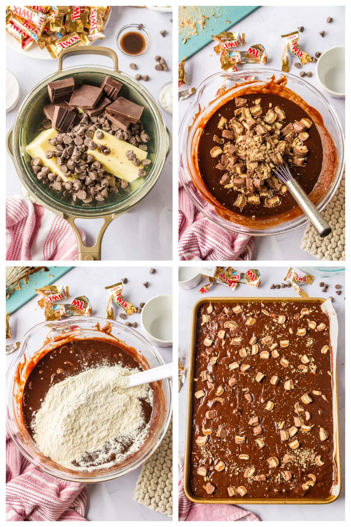 four photos showing how to make twix brownies