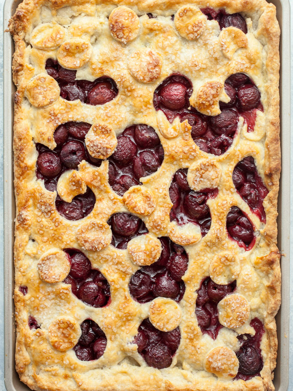 overhead shot of fresh cherry slab pie