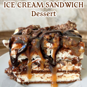 pinterest image for frozen caramel toffee ice cream sandwich dessert