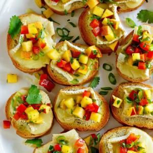 overhead shot of peach and brie bruschetta on a white serving platter