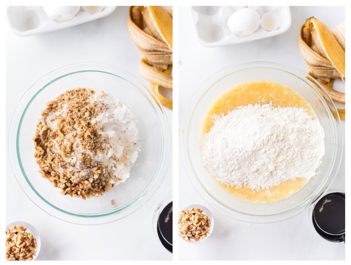 two photos showing two bowls with banana bread ingredients