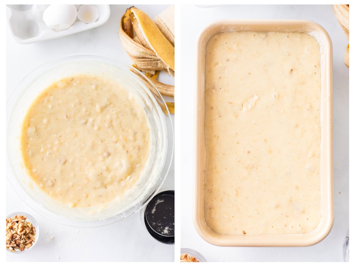 two photos showing banana bread batter in bowl and then in loaf pan