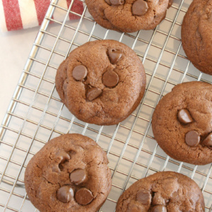 chocolate chocolate chip pudding cookies cooling on a cooling rack