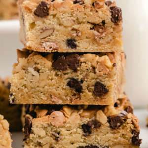 close up of three blondies stackes