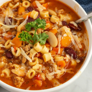 pasta e fagioli soup in white bowl