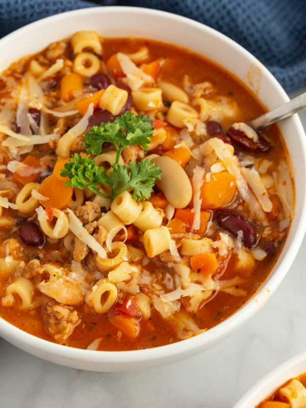 pasta e fagioli soup in white bowl