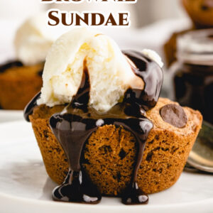 pinterest image for hot fudge brownie sundae