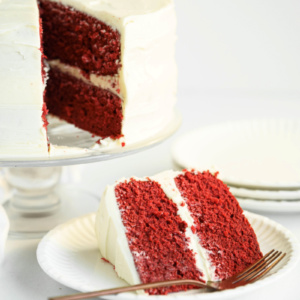 red velvet cake cut into and slice on plate