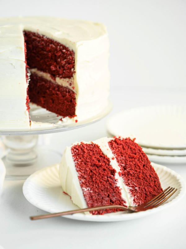 red velvet cake cut into and slice on plate