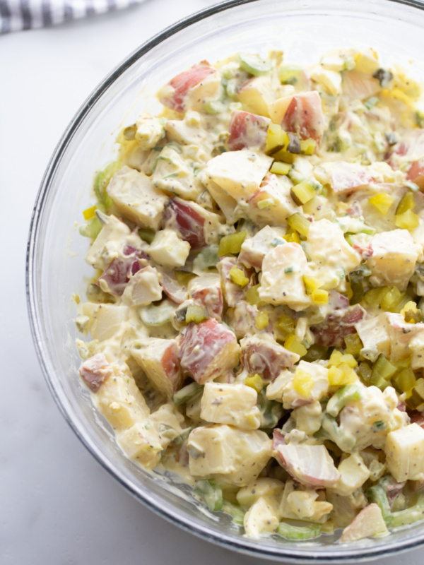 dill pickle potato salad in a bowl