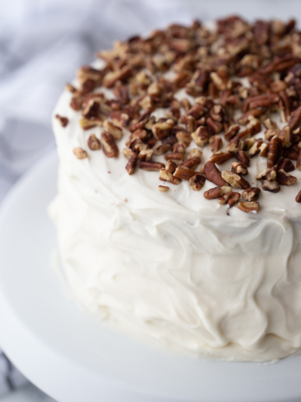 hummingbird cake on a white platter