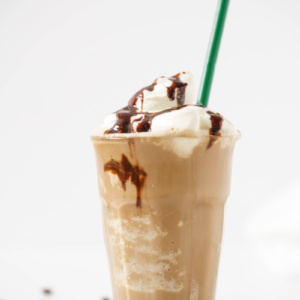 mocha frappuccino starbucks copycat in a glass with straw