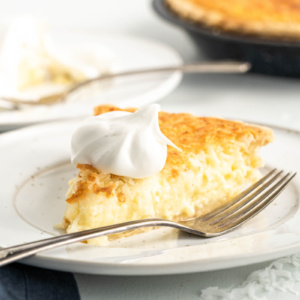 slice of coconut custard pie on a plate