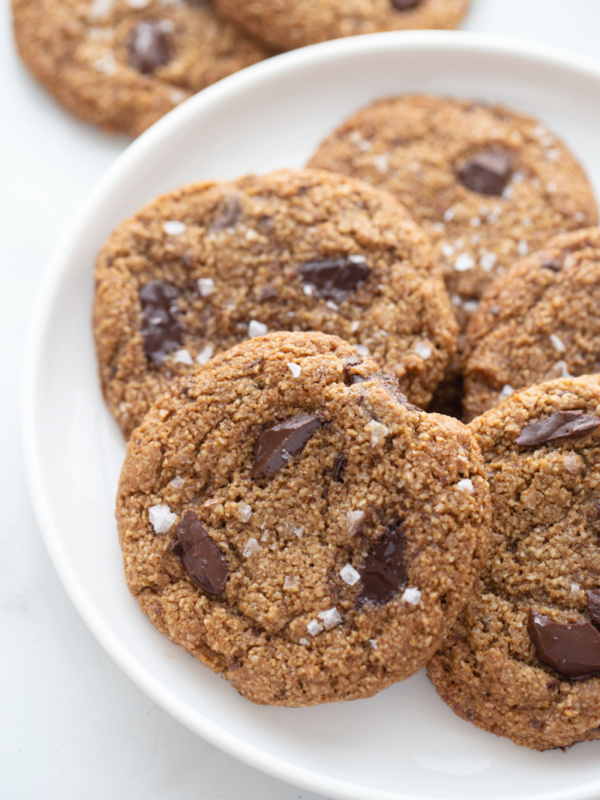 paleo chocolate chip cookies on a white plate