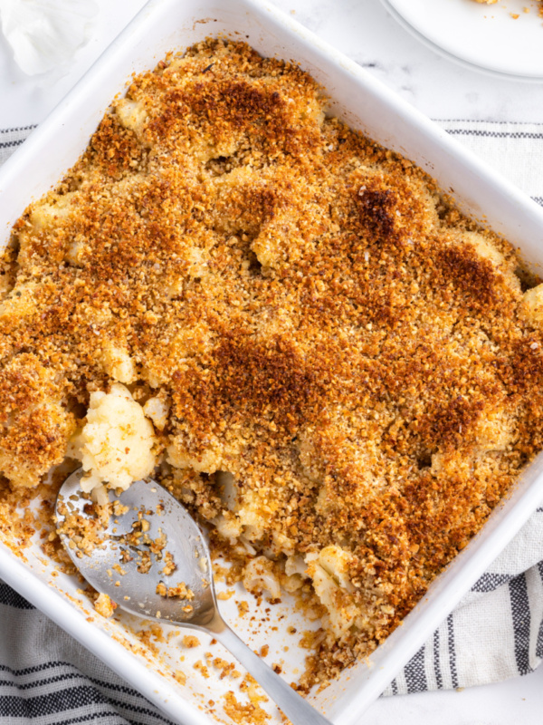 smoky cauliflower gratin in a casserole dish