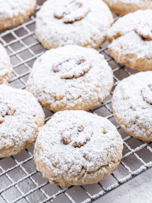 walnut meltaway cookies on a cooling rack