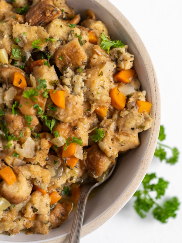 slow cooker stuffing in a bowl