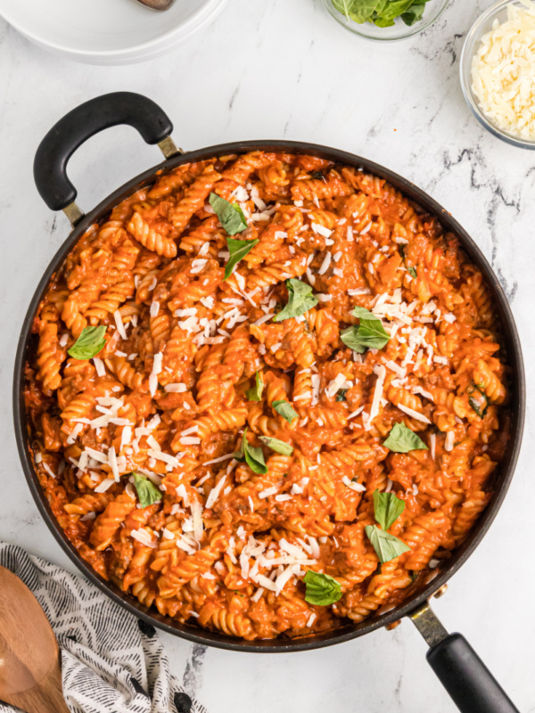 one pot sausage pasta in a skillet