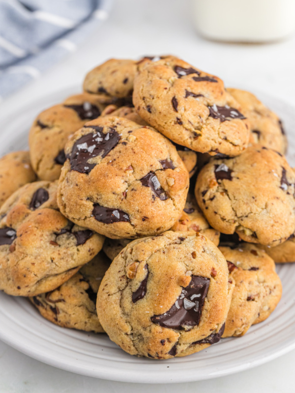 platter of brown butter pecan chocolate chip cookies