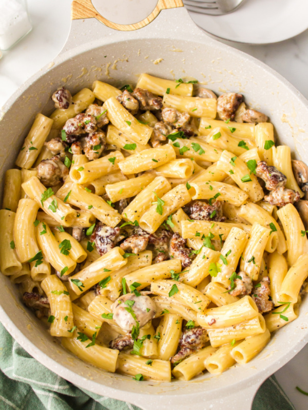 creamy sausage mushroom rigatoni in a pot