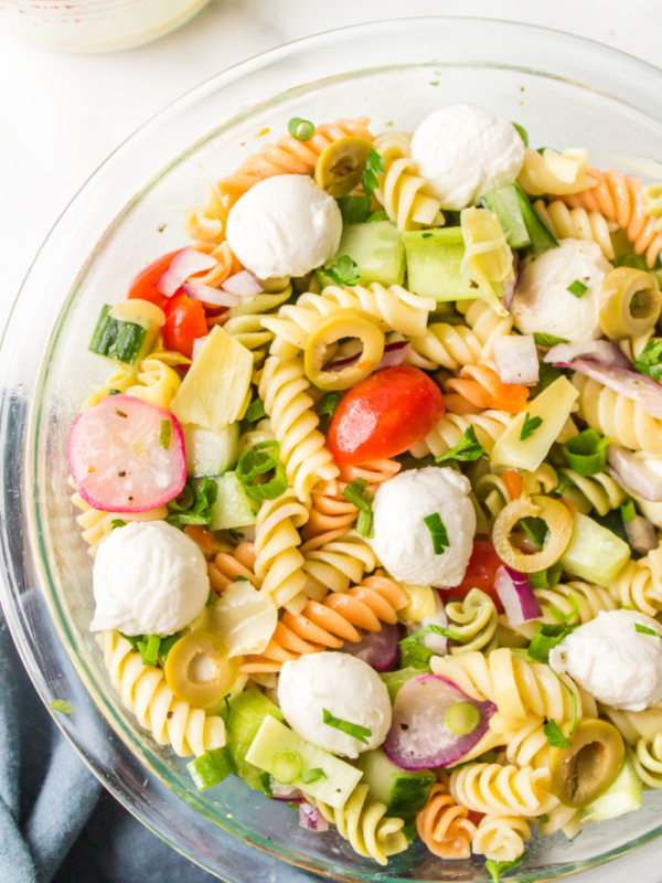 italian pasta salad in glass bowl