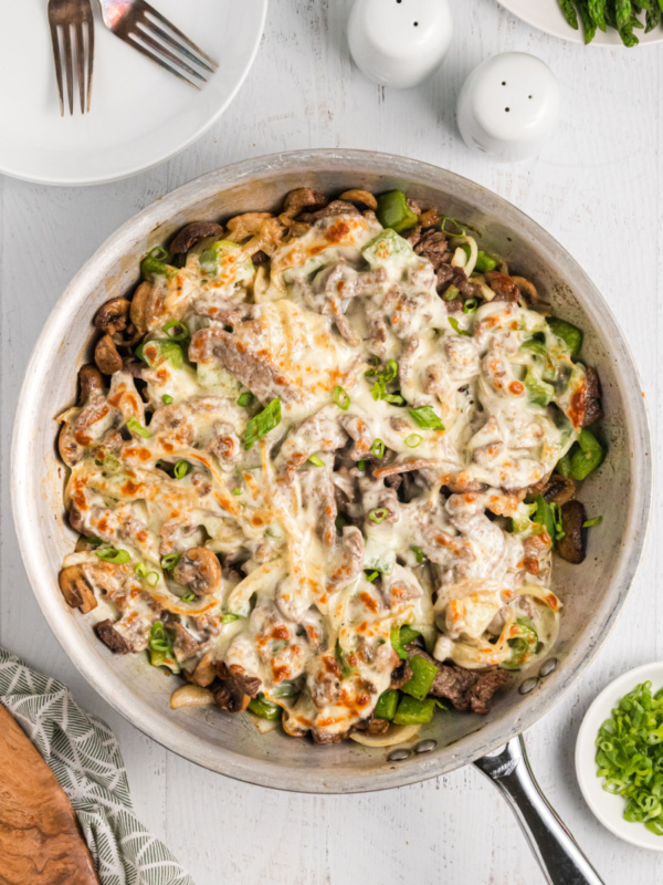 philly cheesesteak in a skillet