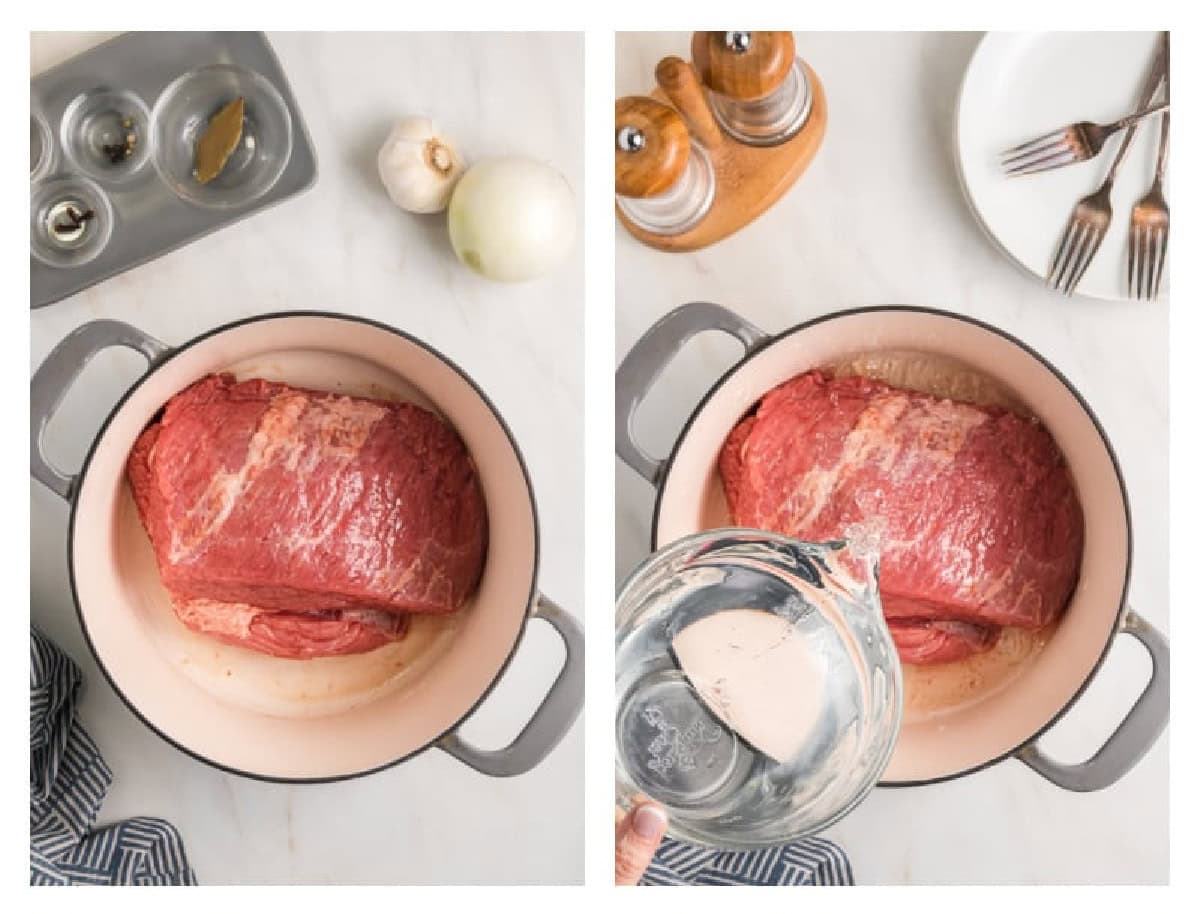 two photos showing how to make corned beef on the stove